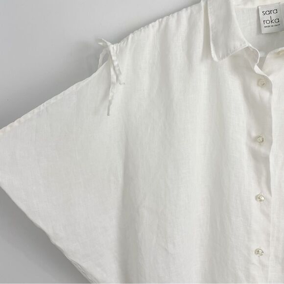 Sara Roka White Linen Button Down Blouse Sz Medium - Picture 6 of 15